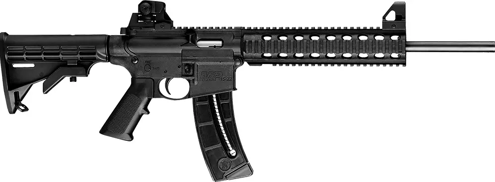 A black rifle with an ar-1 5 style magazine.