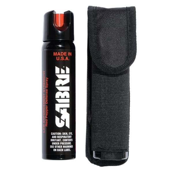 A black and red spray can with a case