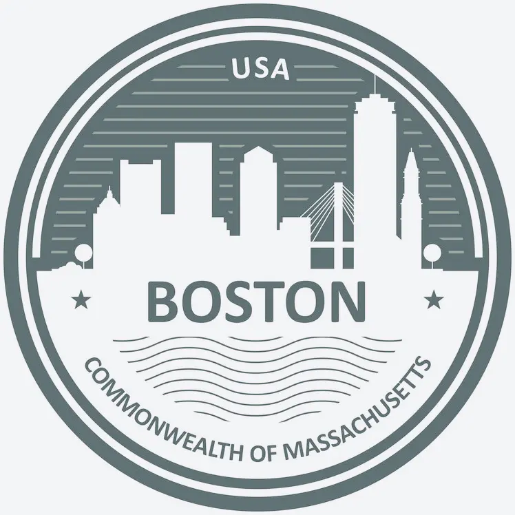 A round sticker with the boston skyline in it.