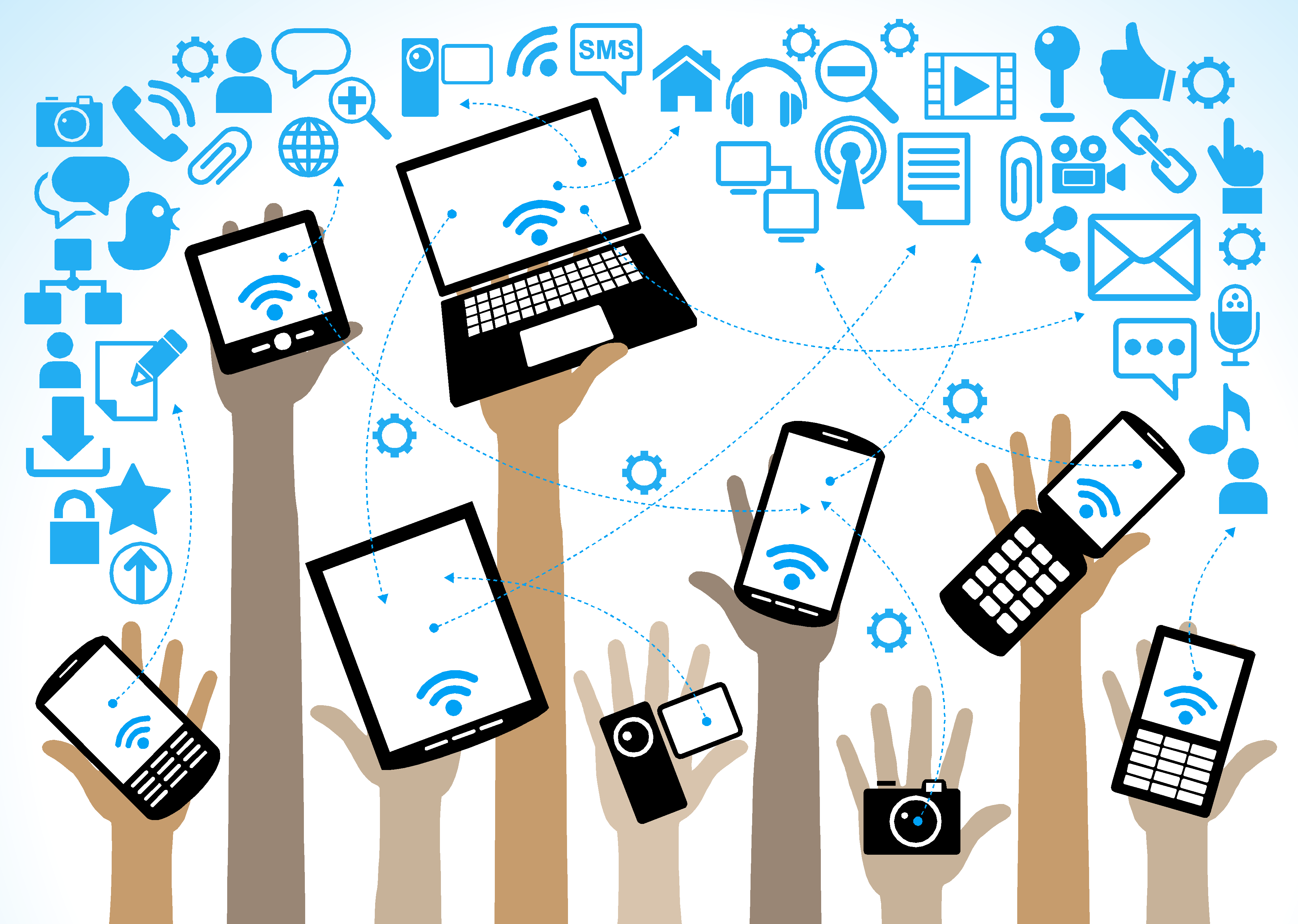 An illustration of people holding electronic items